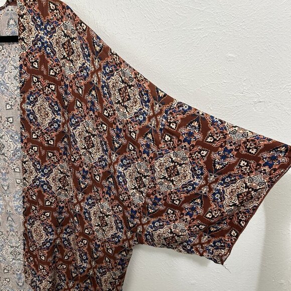 Allison Terracotta Leoni Kimono Wrap Short Sleeve Brown Ikat Floral Sz M/L Boho - Picture 5 of 9